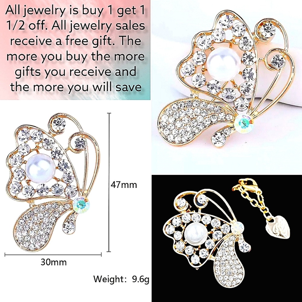 18K gold plated crystal pearl butterfly necklace/brooch